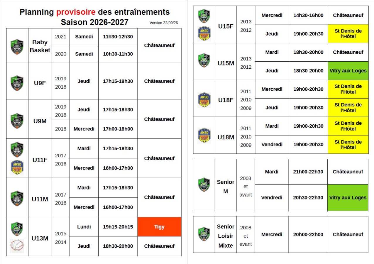 Planning des entraînements 2026-2027